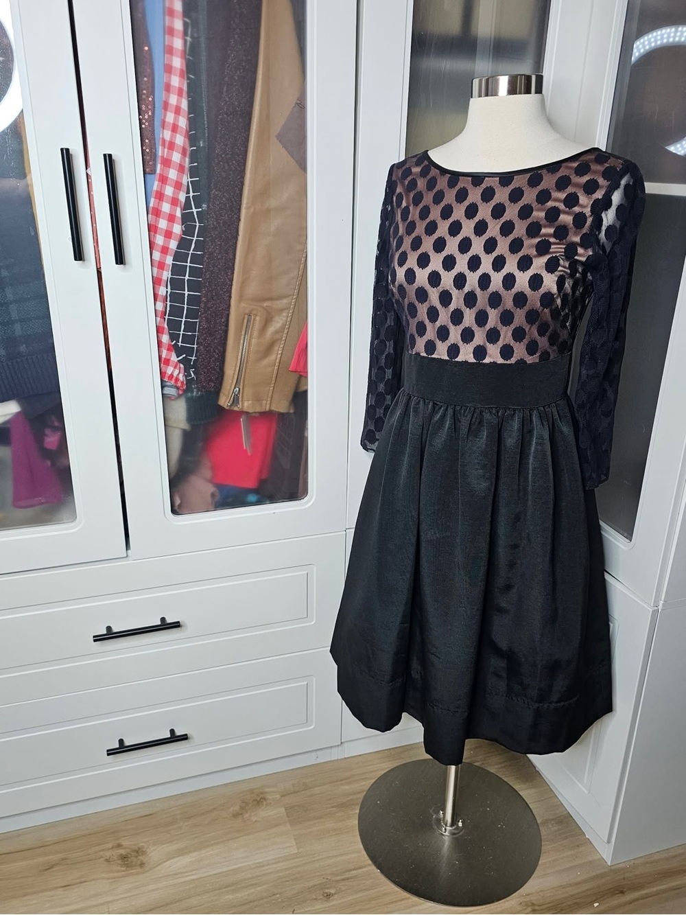 Eliza J Polka Dot Mesh Bodice Black Party Dress